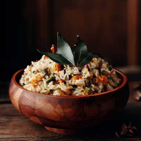 Rice with vegetables in a wooden bowl, traditional Asian lunch, delicious dish, generative aiの素材