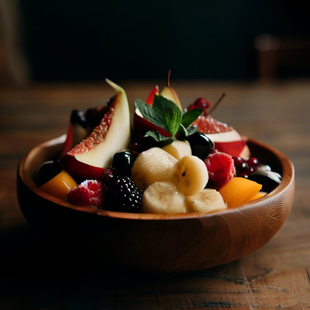 Fresh fruit salad in a wooden bowl on a dark background, blueberry, banana, raspberry, berry, generative aiの素材