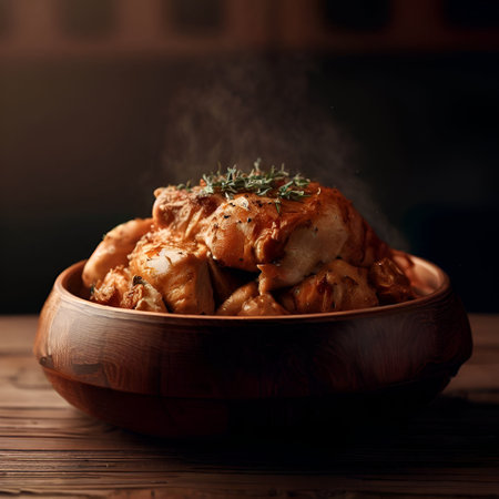 Baked chicken in a wooden bowl on a dark background, traditional homemade Asian dish, generative aiの素材