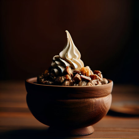 Ice cream with nuts and meringue in a wooden bowl on a dark background, delicious dessert, generative aiの素材