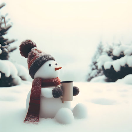 Snowman with a cup of hot drink in winter forest. Christmas background, cute winter wallpaper, generative aiの素材