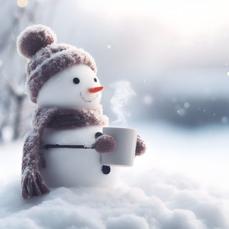 Cute snowman with a cup of hot drink wearing a winter hat and scarf in the winter morning, wallpaper, generative aiの素材