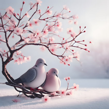 Two pigeons sitting on a branch of a blossoming cherry tree in a snowy winter morning, generative aiの素材