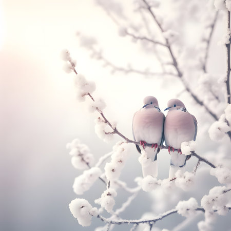 Two white dove sitting on a branch of a frozen tree in winter, beautiful winter morning, generative aiの素材