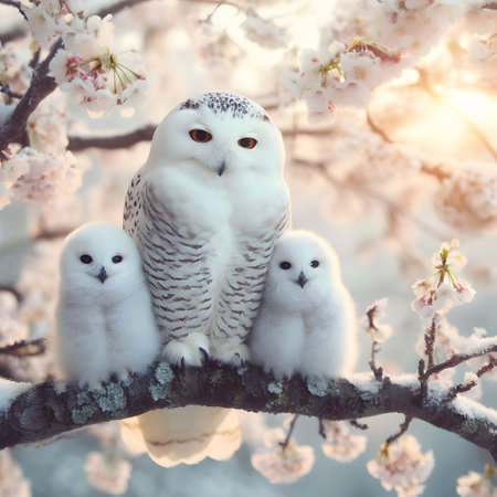 Snowy owl family in a frozen blooming cherry tree, beautiful wildlife in winter morning wallpaper, generative aiの素材