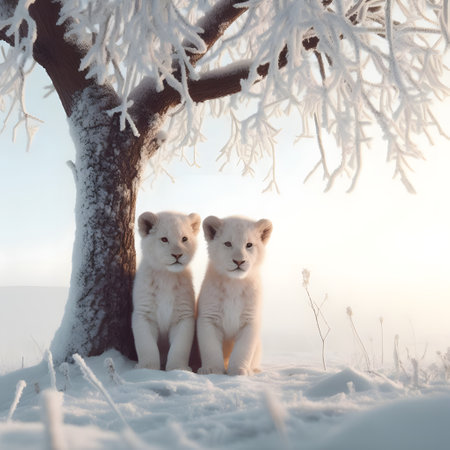 Two cute white lion cubs sitting under a frozen tree in a winter forest, winter morning wildlife, generative aiの素材