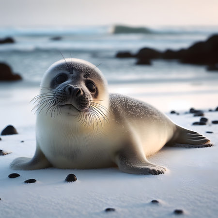 Baby seal on the beach at sunrise, north pole wildlife marine nature wallpaper, generative aiの素材
