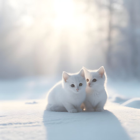 Two cute white kittens sitting on the snow in the winter forest on a sunny winter morning, generative aiの素材