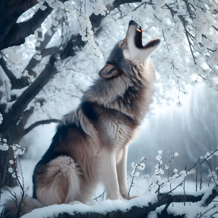 Alaskan Malamute husky under a blossoming flower tree, beautiful winter morning wildlife, generative aiの素材