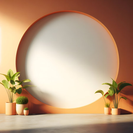 Minimalistic orange interior with a round frame and plants, 3d rendering mockup background, generative aiの素材