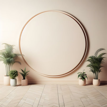 Round frame beige mockup in modern minimalist interior background. 3d render illustration, generative aiの素材