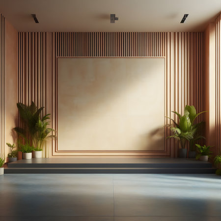 Minimalist interior design with beige pattern wall, black poster on the wall and plants, 3d mockup, generative aiの素材