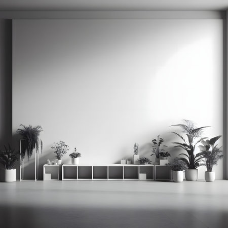 Interior of modern living room with white empty walls, concrete floor, and plants. 3d mockup, generative aiの素材