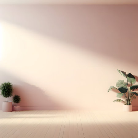 Interior of a modern bright room with pink walls, wooden floor, and plants, mockup, 3d rendering, generative aiの素材