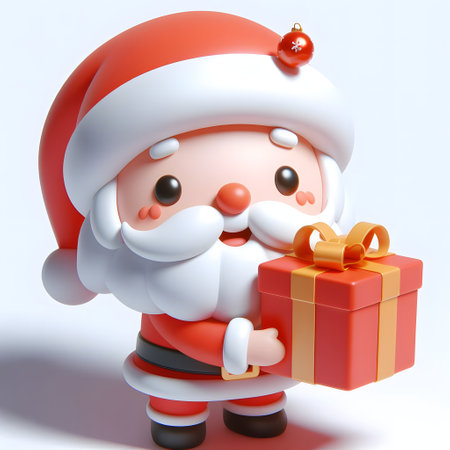 Santa Claus with gift box on a white background, cute Christmas celebration illustration, 3d, generative aiの素材
