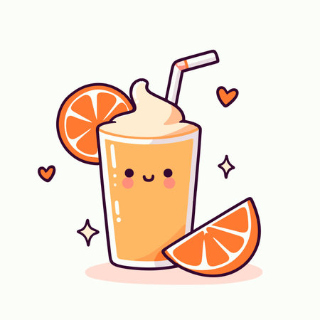 Cute cartoon smoothie with whipped cream with orange slices, kawaii vector flat illustration, generative aiの素材