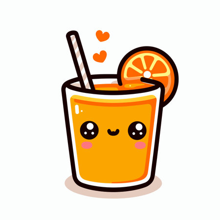 Cute kawaii orange juice character, healthy juice, Vector flat cartoon illustration with hearts, generative aiの素材