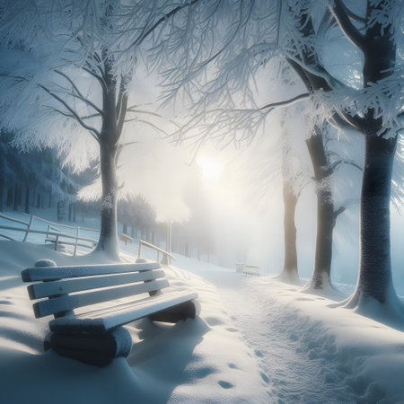 Beautiful winter morning landscape with snow covered trees and a bench in the park with sunlight, generative aiの素材