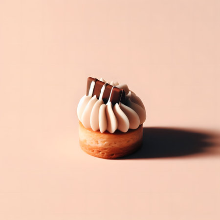 Cupcake with chocolate cream on a pastel beige background. Minimal concept, confectionary, generative aiの素材