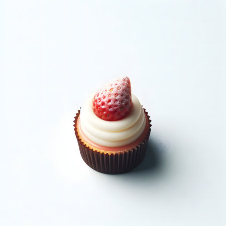 Delicious cupcake with a strawberry on top on a white background. Close-up, minimalist style, generative aiの素材