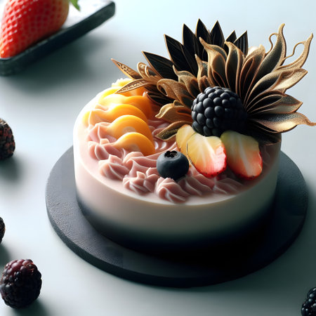 Cake decorated with fresh fruits and berries, sweet confectionary decoration, gourmet food, generative aiの素材