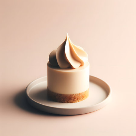Piece of a cheesecake with cream on a white plate, bakery, minimalist style, beige background, generative aiの素材