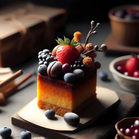 Delicious cheesecake with berries on wooden board, closeup, pastry gourmet dessert decoration, generative aiの素材