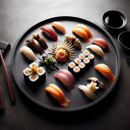 Sushi set on a black plate on a black background, Japanese traditional cuisine meal, top view, generative aiの素材