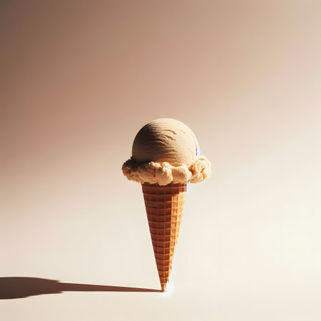 Ice cream cone with shadow on white background. Minimal style, summer refreshment, generative aiの素材