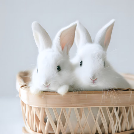 Rabbits in a basket on a white background, close-up, adorable easter bunny wallpaper, generative aiの素材