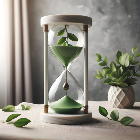 Hourglass with green leaves on table in a room. Time management concept, timer design, generative aiの素材