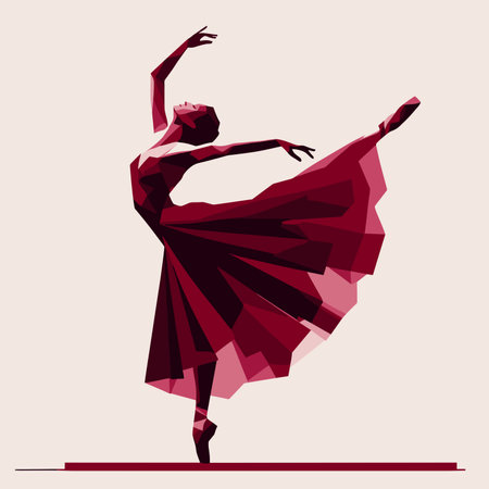 Silhouette of ballerina in a dark red tutu. Vector illustration, tiptoe dancing, ballet pose, generative aiの素材