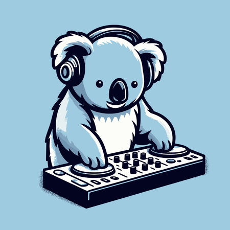Cute koala bear with headphones and dj mixer. Vector illustration, kawaii koala bear illustration, generative aiの素材