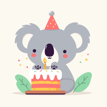 Cute koala celebrating birthday with a birthday cake, kawaii cartoon vector illustration, generative aiの素材
