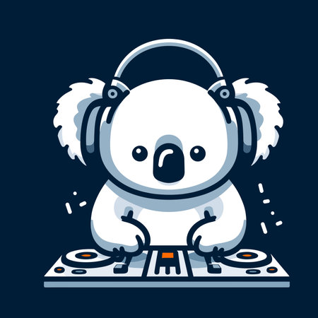 Cute cartoon koala with headphones on a dj station, koala bear vector illustration, kawaii style, generative aiの素材