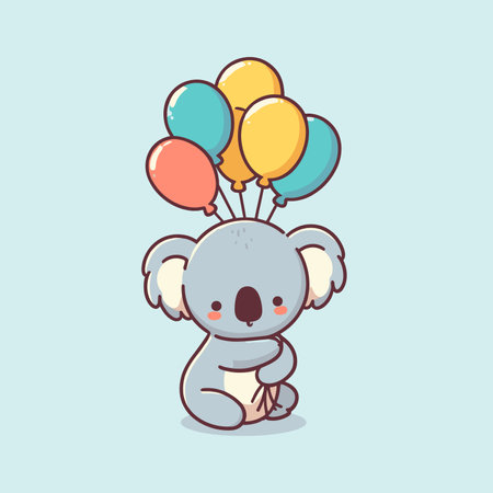 Cute koala bear with balloons, happy birthday greeting card vector illustration, animal in cartoon style. generative aiの素材