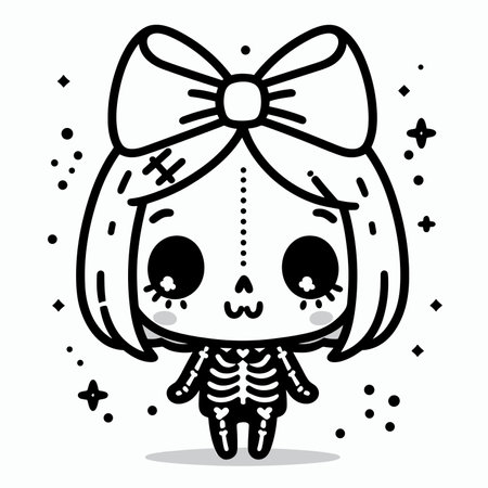 Cute kawaii skeleton girl with a bow. Vector illustration, Halloween sticker design art, generative aiの素材
