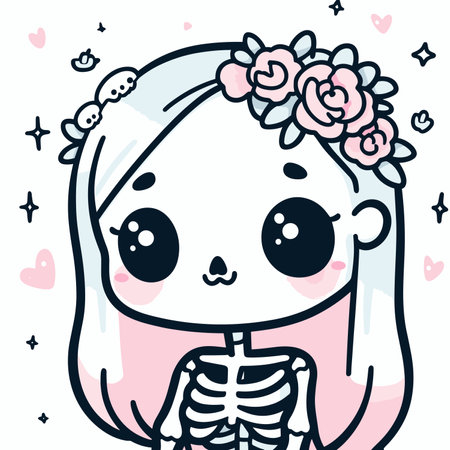 Cute kawaii girl with a skeleton costume, Halloween Vector illustration in kawaii style, generative aiの素材