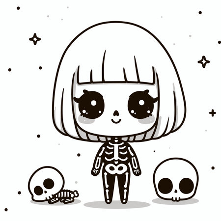Cute little girl in a Halloween costume with skull and bones, vector illustration sticker design, generative aiの素材