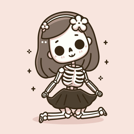 Cute little girl with a skeleton costume. Vector illustration in cartoon style, Halloween sticker design, generative aiの素材