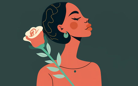 Beautiful African woman with a rose in her hand, black beauty, ethnicity vector illustration, generative aiの素材