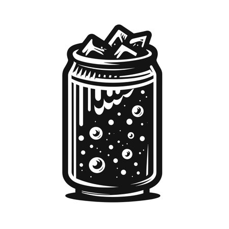 Cold cola jar with ice cubes. Black and white vector illustration, beverage drink icon design, generative aiの素材