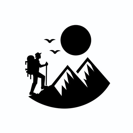 Hiking icon. Vector illustration of a silhouette of a man with backpack on the background of mountains, generative aiの素材