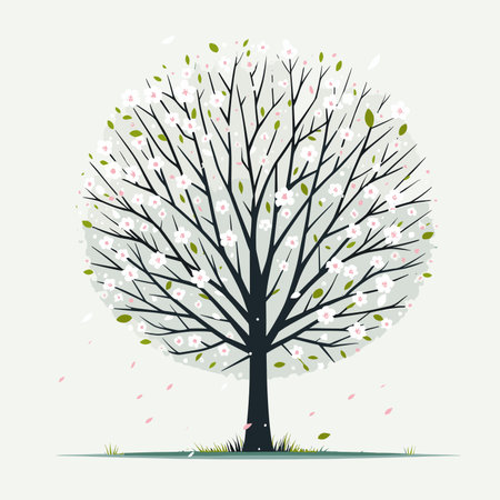 Cherry blossom tree with leaves and flowers, beautiful spring season nature, Vector illustration, generative aiの素材