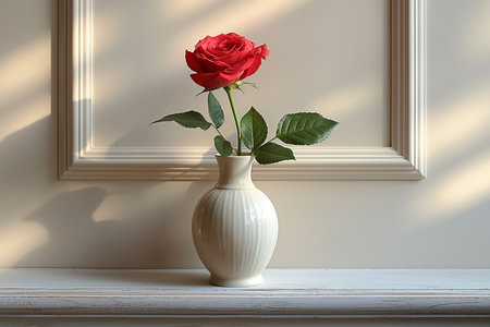 Red rose in a vase on a white wooden table. 3d renderingの素材