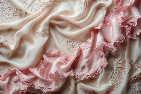 Texture, background, pattern. Silk fabric with lace. Pink satin on a white backgroundの素材