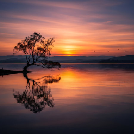 A breathtaking sunset paints the sky with vibrant colors, reflected perfectly in the calm waters of a lake. A solitary tree stands silhouetted against the horizon, creating a peaceful and picturesque scene.の素材