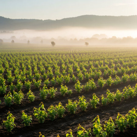 A beautiful shot of a vineyard with rows of plants, a misty morning, and a mountain range in the background. The plants are lush and green, and the sky is a soft blue.の素材