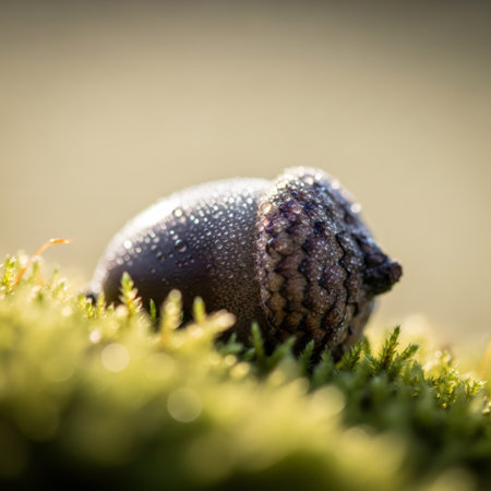 A detailed photograph showcasing a single acorn covered in frost, resting amidst a bed of lush, green moss, with a soft, blurred background.の素材