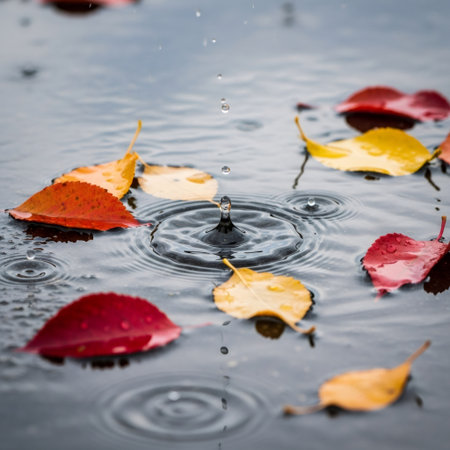 Close-up shot of raindrops creating ripples on water, surrounded by vibrant red and yellow autumn leaves, capturing the essence of fall.の素材
